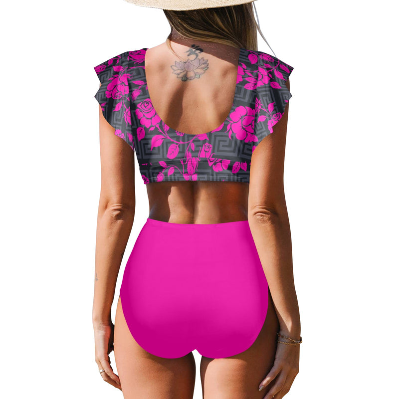 fuchsia print solid Women's Ruffle Sleeve Bikini Swimsuit (Model S42) - Objet D'Art