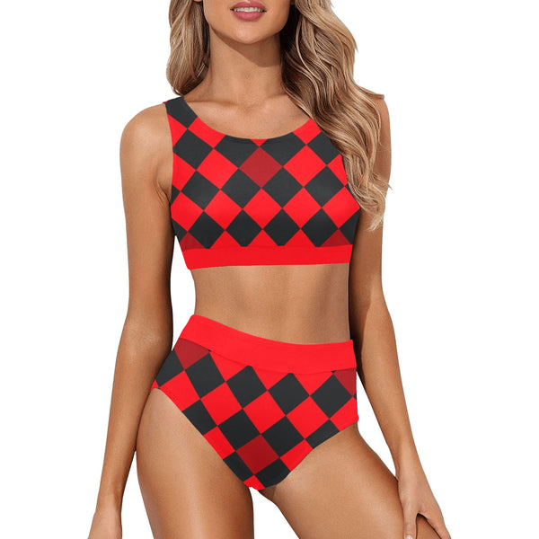 flaming red solid print Crop Top Bikini Set (Model S21) - Objet D'Art