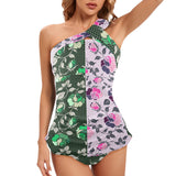 green rose print 2 Women's One Shoulder Backless Swimsuit (Model S44) - Objet D'Art