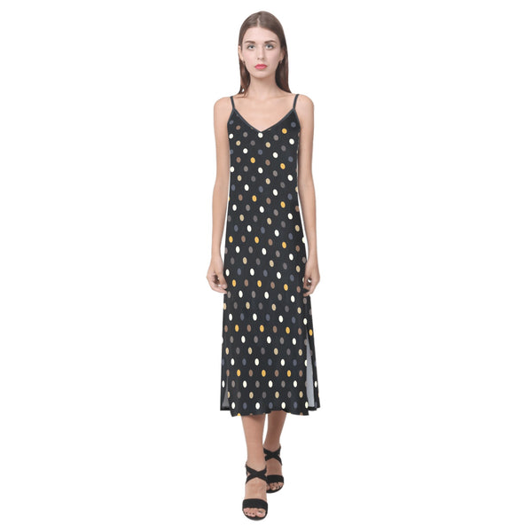 earthtone polka dot print 4A V-Neck Open Fork Long Dress(Model D18) - Objet D'Art