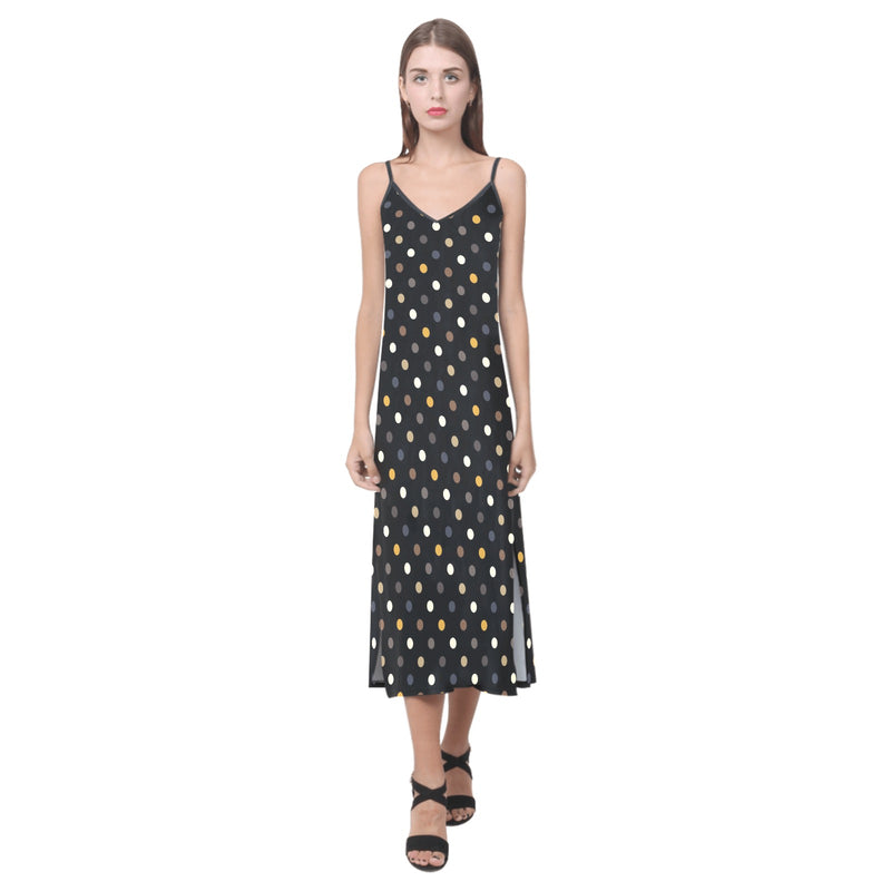 earthtone polka dot print 4A V-Neck Open Fork Long Dress(Model D18) - Objet D'Art