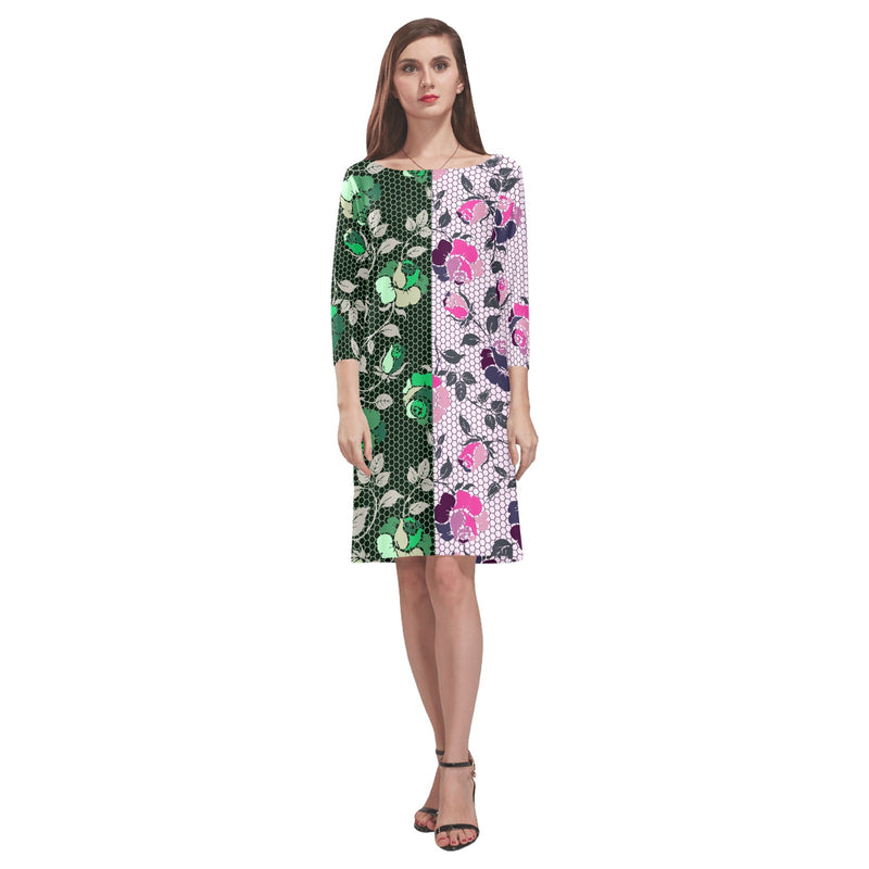 pink green rose print 4 Rhea Loose Round Neck Dress(Model D22) - Objet D'Art