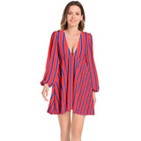 Striped Lantern Sleeve Deep V-Neck Short Dress - Objet D'Art