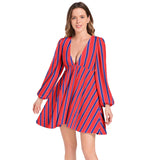 Striped Lantern Sleeve Deep V-Neck Short Dress - Objet D'Art