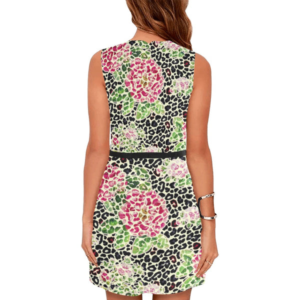 leopard rose print 2 Eos Women's Sleeveless Dress (Model D01) - Objet D'Art