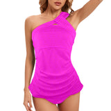 fuchsia greek key offset print Women's One Shoulder Backless Swimsuit (Model S44) - Objet D'Art