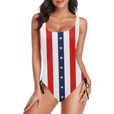 stars and stripes print 2 Drawstring Side One-Piece Swimsuit (Model S14) - Objet D'Art