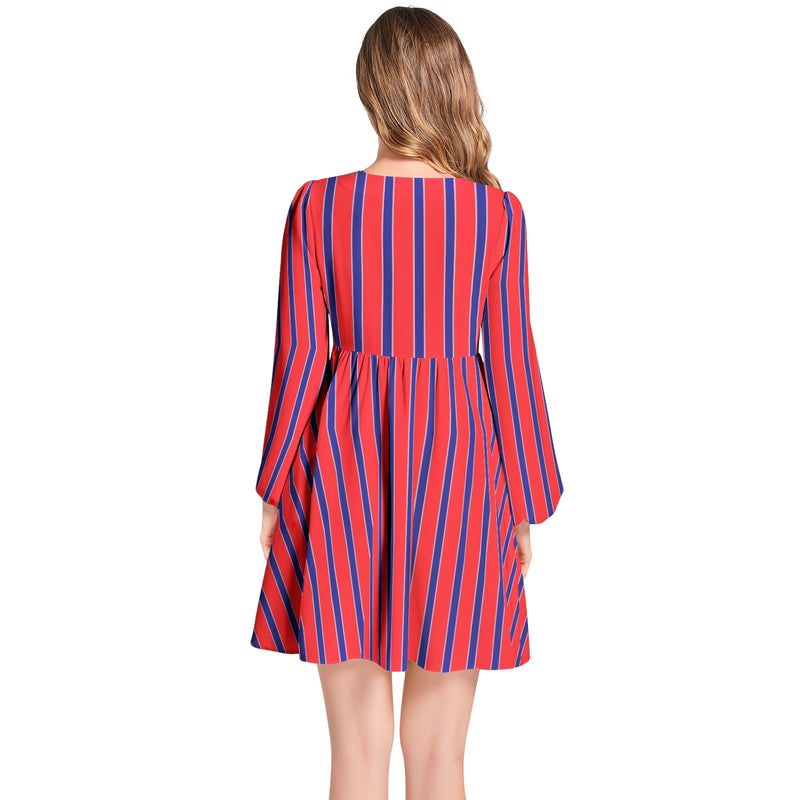 Striped Lantern Sleeve Deep V-Neck Short Dress - Objet D'Art