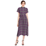 M Kemp Lavender Plaid Drawstring Waist A-line Flared Midi Dress - Objet D'Art