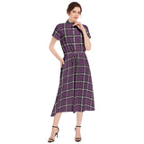 M Kemp Lavender Plaid Drawstring Waist A-line Flared Midi Dress - Objet D'Art