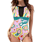 light pine green solid print Women's High Neck Plunge Mesh Ruched Swimsuit (S43) - Objet D'Art
