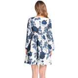 Delft Blue Roses Lantern Sleeve Deep V-Neck Short Dress - Objet D'Art