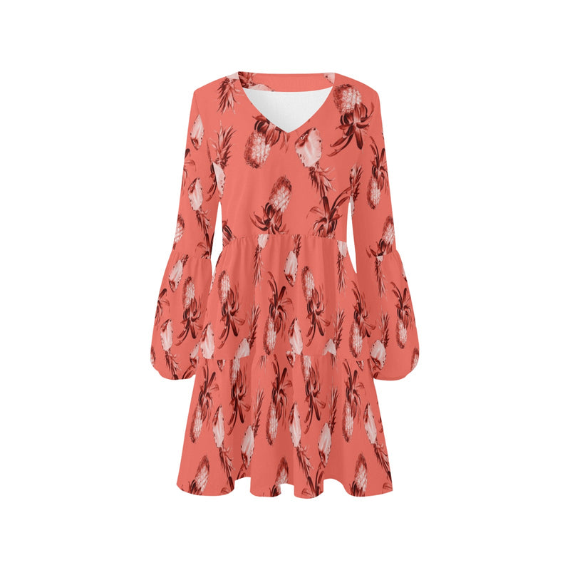 pineapple mono print V-Neck Loose Fit Dress (Model D62) - Objet D'Art