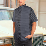horizontal striped black gray print Men's Stand-Up Collar Short Sleeve Shirt - Objet D'Art