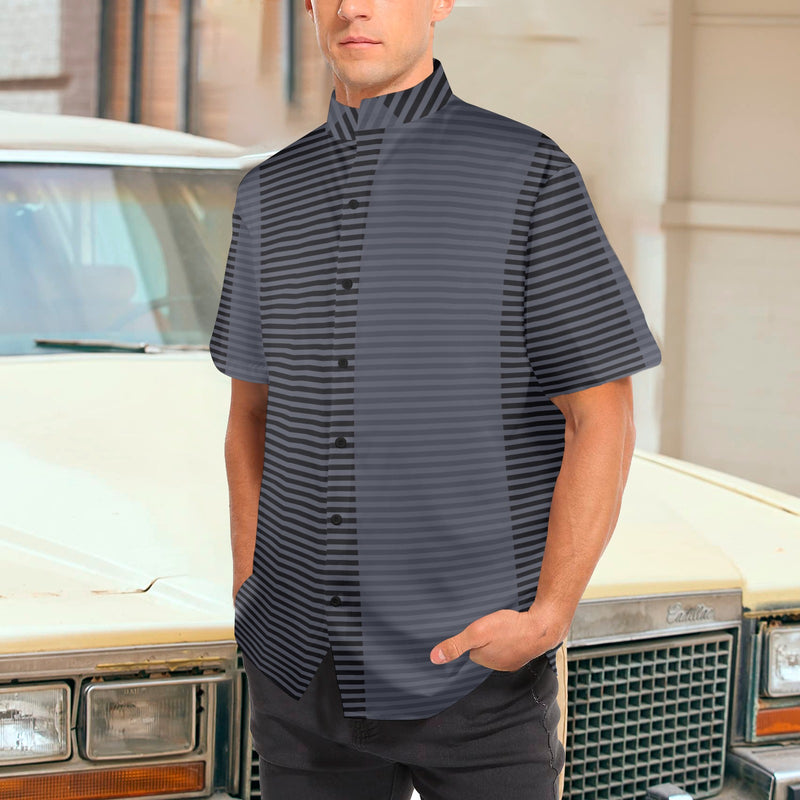 horizontal striped black gray print Men's Stand-Up Collar Short Sleeve Shirt - Objet D'Art