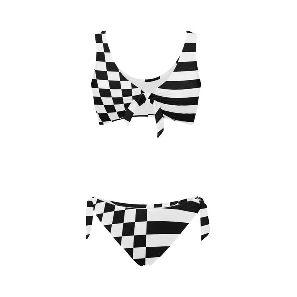 check stripe print 2 Bow Tie Front Bikini Swimsuit (Model S38) - Objet D'Art