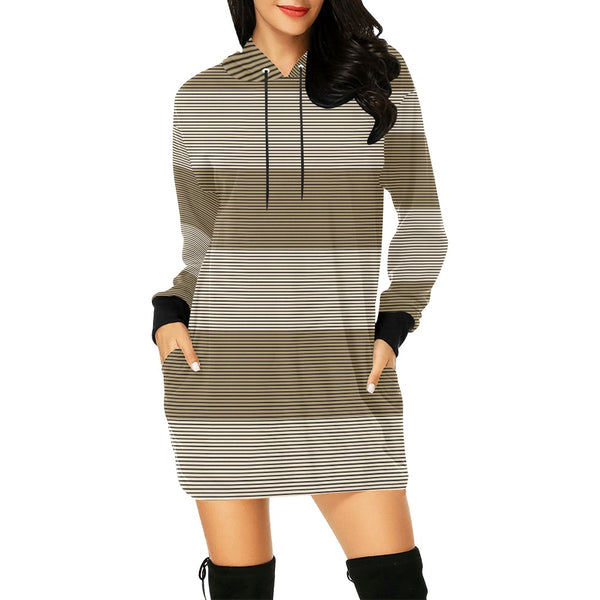 microstriped brown beige print 2 All Over Print Hoodie Mini Dress (Model H27) - Objet D'Art