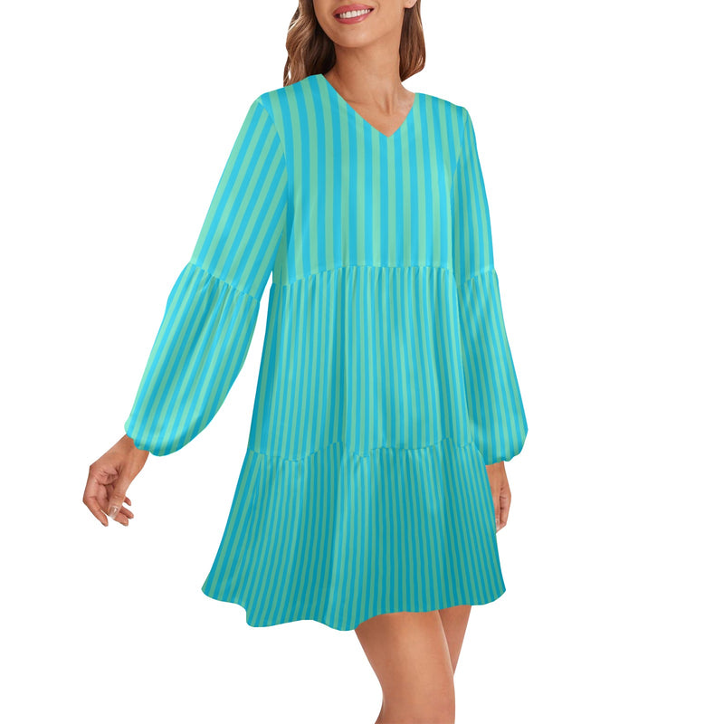 blue green striped print 2 V-Neck Loose Fit Dress (Model D66) - Objet D'Art