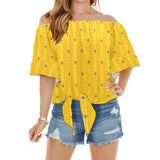 TURMERIC striped floral print Off Shoulder Knot Front Blouse (Model T71) - Objet D'Art