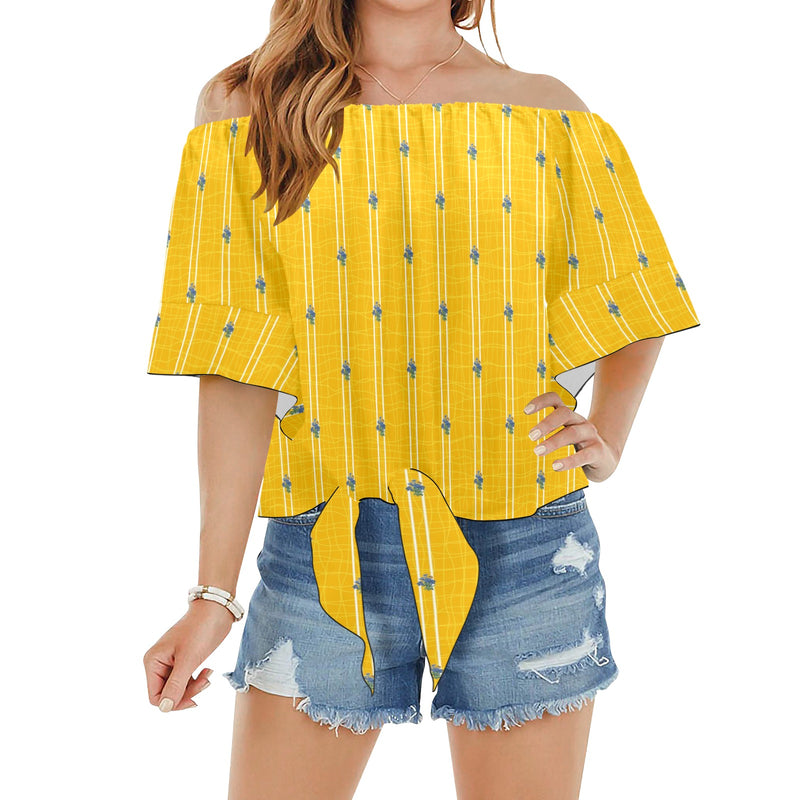 TURMERIC striped floral print Off Shoulder Knot Front Blouse (Model T71) - Objet D'Art