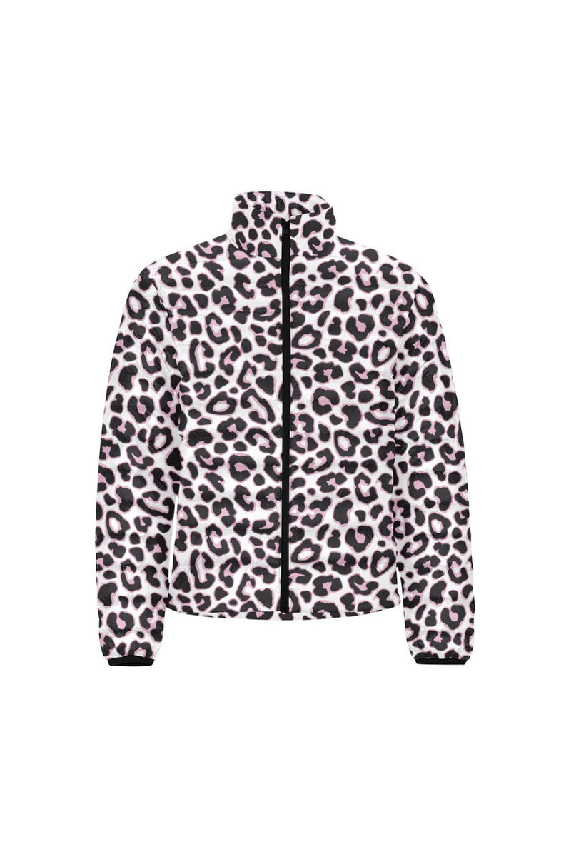 Pink Leopard Print Unisex Stand Collar Padded Jacket - Objet D'Art