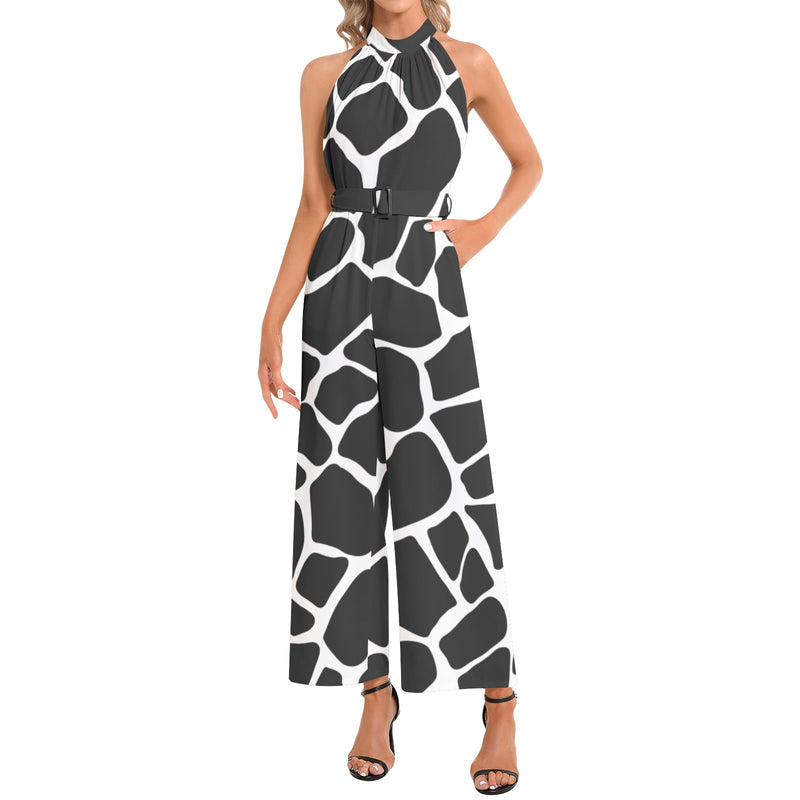 Giraffe Print Halter Neck Buckle Belted Jumpsuit - Objet D'Art