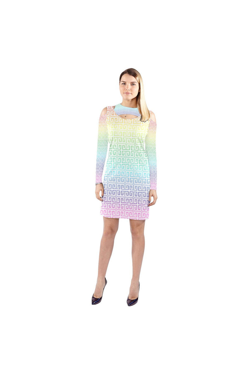 Greek Key Rainbow Cold Shoulder Long Sleeve Dress (Model D37) - Objet D'Art Online Retail Store