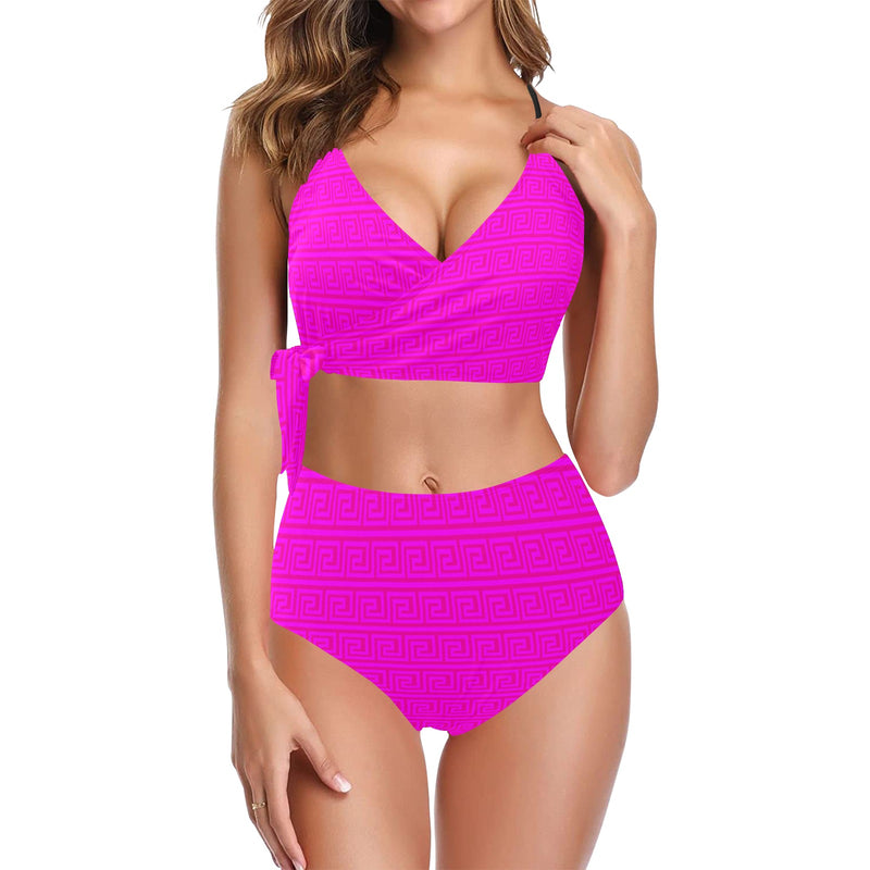 fuchsia greek key offset print Knot Side Bikini Swimsuit (Model S37) - Objet D'Art