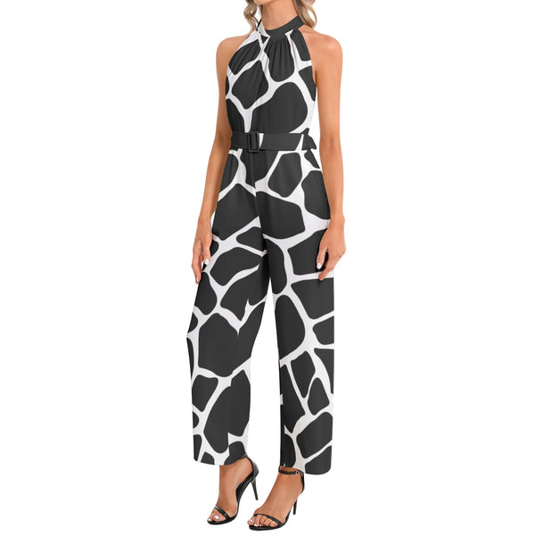 Giraffe Print Halter Neck Buckle Belted Jumpsuit - Objet D'Art