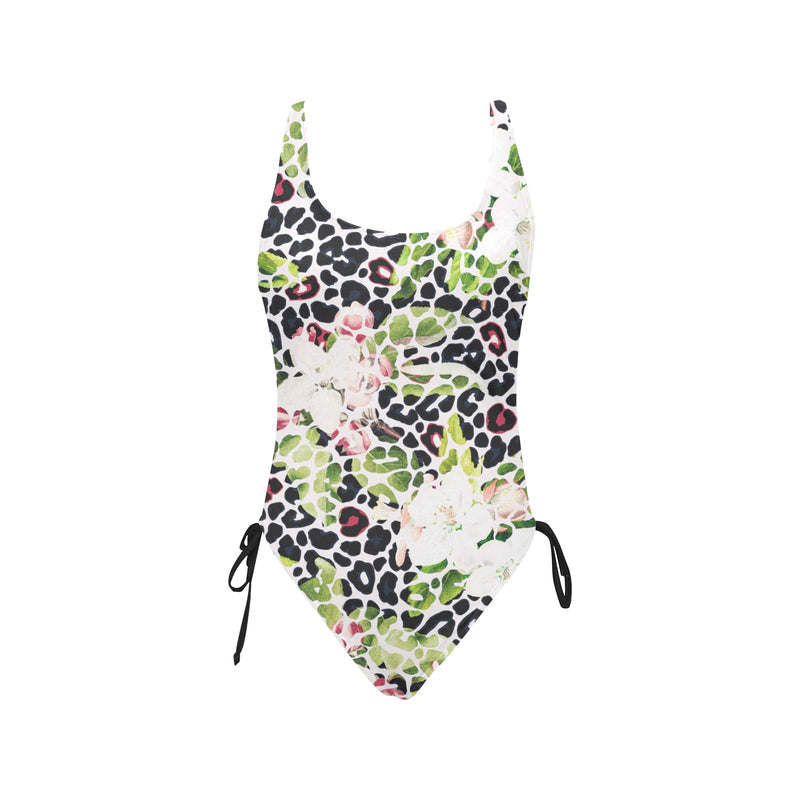 apple blossom leopard print Drawstring Side One-Piece Swimsuit (Model S14) - Objet D'Art