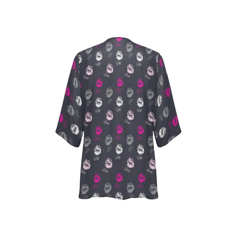 FUCHSIA LIPS POLYGLOT grey hex two tone print 2 Women's Kimono Chiffon Cover Up (Model H51) - Objet D'Art