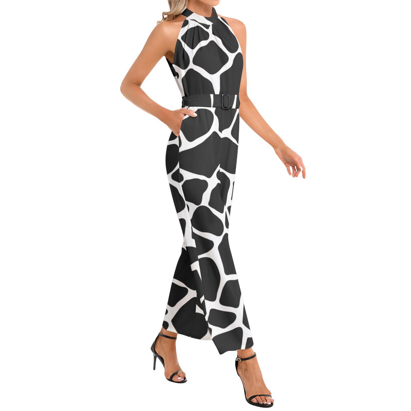 Giraffe Print Halter Neck Buckle Belted Jumpsuit - Objet D'Art