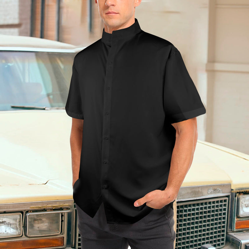 black 2 9k Men's Stand-Up Collar Short Sleeve Shirt - Objet D'Art