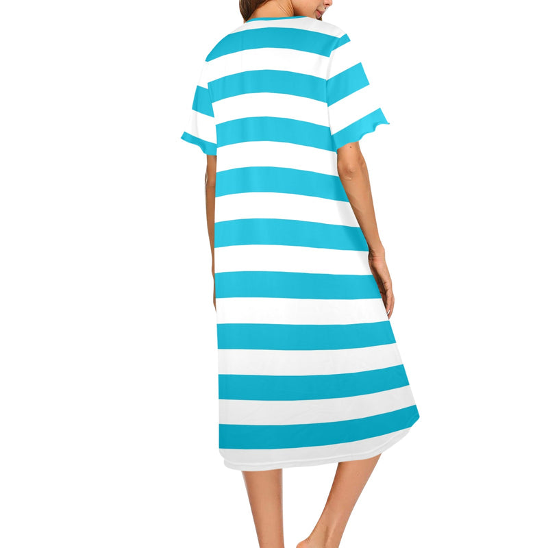 blue white striped 1A Women's Button Front House Dress - Objet D'Art