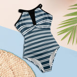 INK STRIPED PRINT 2 Women's High Neck Plunge Mesh Ruched Swimsuit (S43) - Objet D'Art