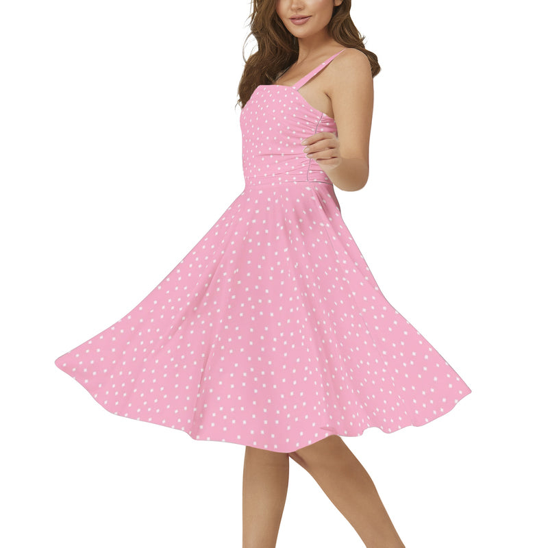 Carnation Pink Polka Dots Sleeveless Square Neck Flare Hem Midi Dress - Objet D'Art