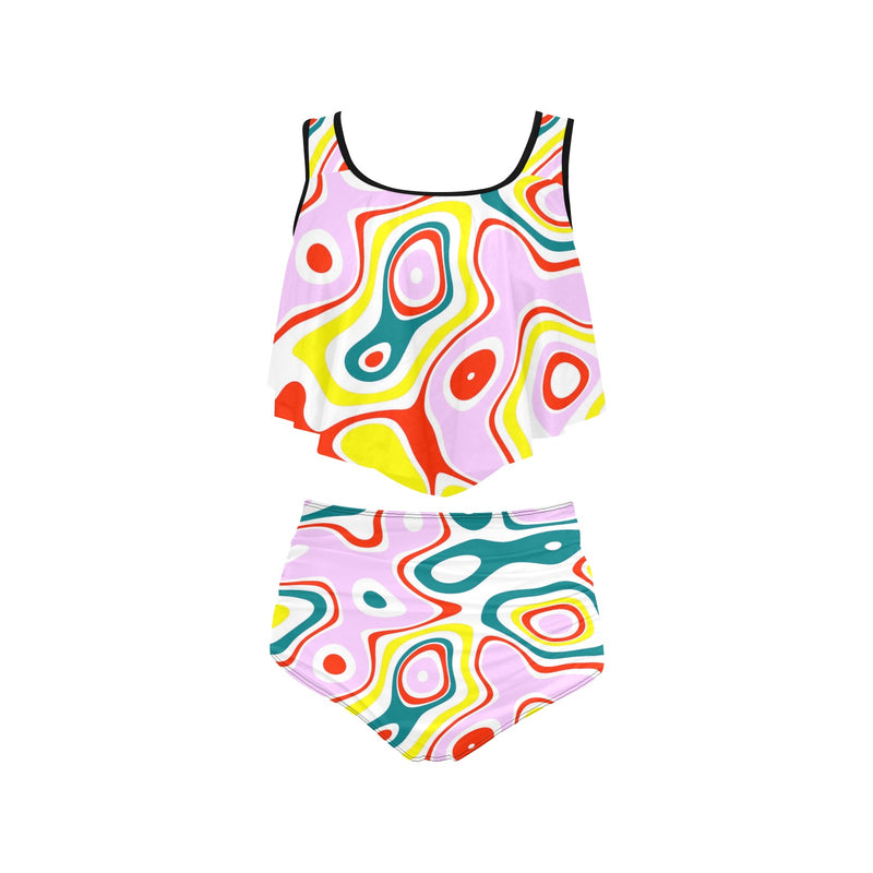 colored splat print 2 High Waisted Flounce Bikini Set (Model S24) - Objet D'Art