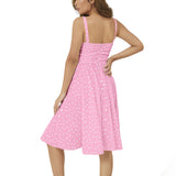 Carnation Pink Polka Dots Sleeveless Square Neck Flare Hem Midi Dress - Objet D'Art