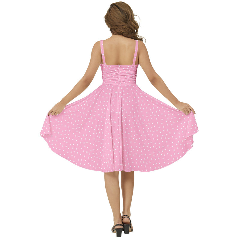 Carnation Pink Polka Dots Sleeveless Square Neck Flare Hem Midi Dress - Objet D'Art