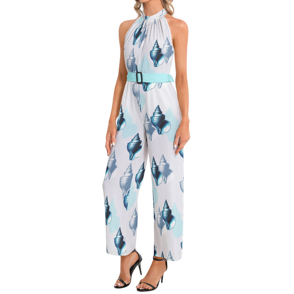 Seashell Halter Neck Buckle Belted Jumpsuit - Objet D'Art