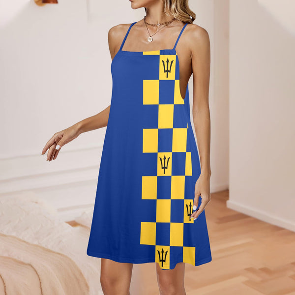 barbados blue Drawstring Neck Sleeveless Dress (Model D68) - Objet D'Art