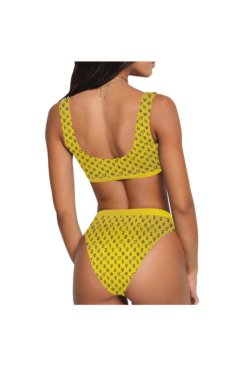 Planetary Symbol Gold Sport Top & High-Waisted Bikini Swimsuit (Model S07) - Objet D'Art