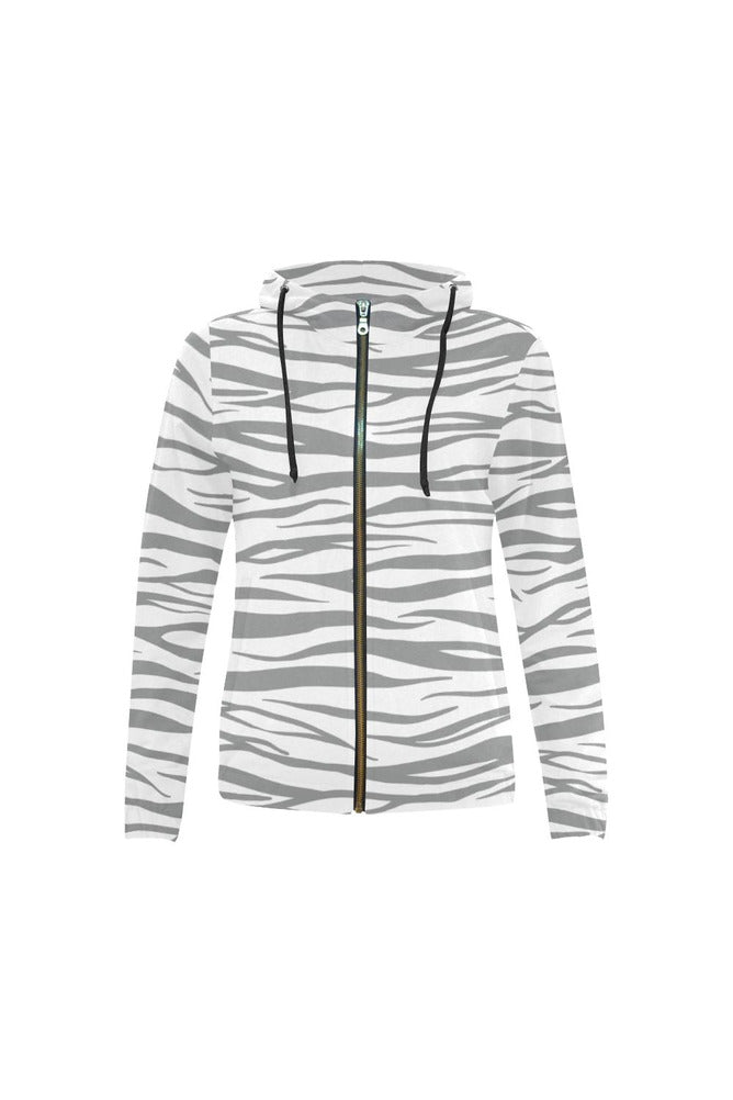 Ultimate Gray and White Tiger Striped Full Zip Hoodie for Women - Objet D'Art