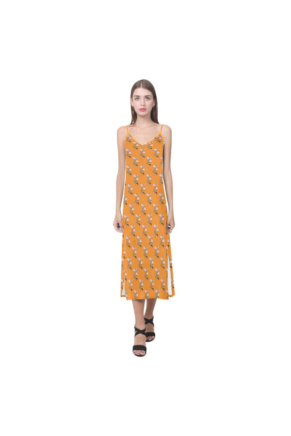 White Bellflowers V-Neck Open Fork Long Dress(Model D18) - Objet D'Art