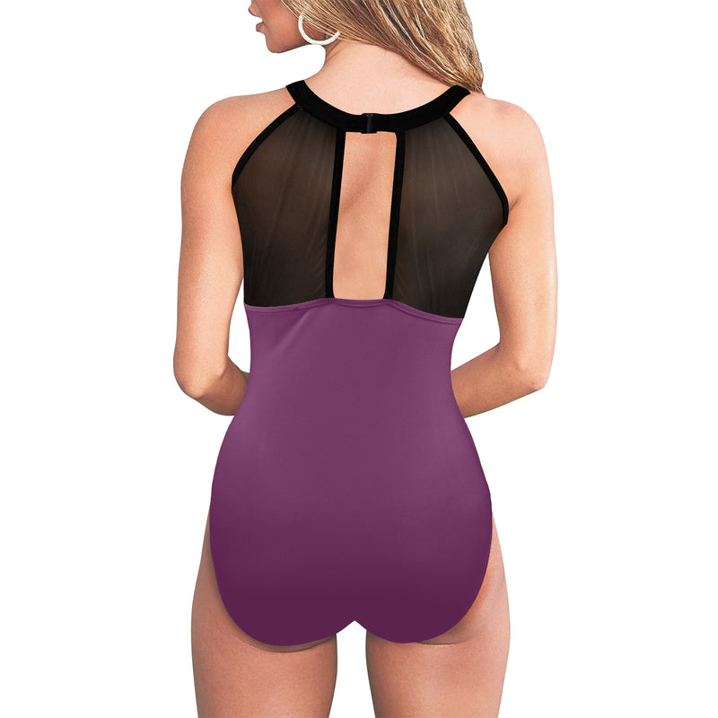 purple skirts Women's High Neck Plunge Mesh Ruched Swimsuit (S43) - Objet D'Art