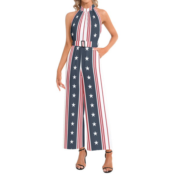 Americana Halter Neck Buckle Belted Jumpsuit - Objet D'Art
