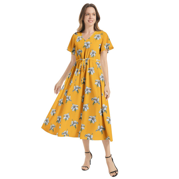 Flutter Sleeve Drawstring Waist Flared Dress - Objet D'Art
