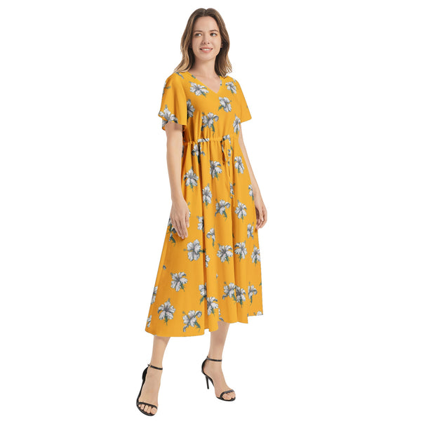 Flutter Sleeve Drawstring Waist Flared Dress - Objet D'Art