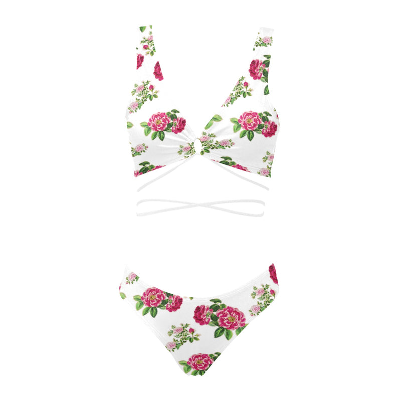 pink on white rose print Cross String Bikini Set (Model S29) - Objet D'Art