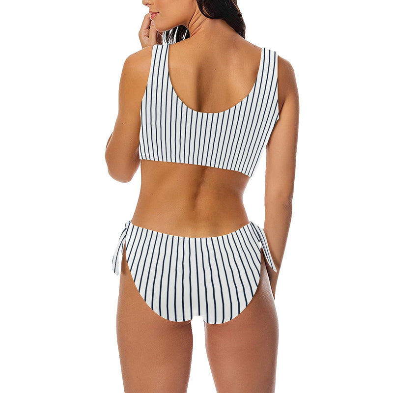 white dark blue striped print 2 Bow Tie Front Bikini Swimsuit (Model S38) - Objet D'Art